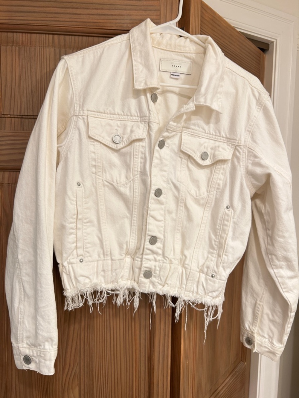 Blank NYC White Cropped Denim Jacket with Frayed Hem